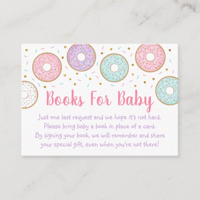 Donut Pink Gold Pastel Baby Shower Book Request Enclosure Card (Front)