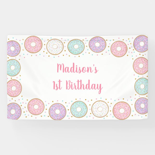 Donut Pink Gold Pastel Birthday Banner (Horizontal)