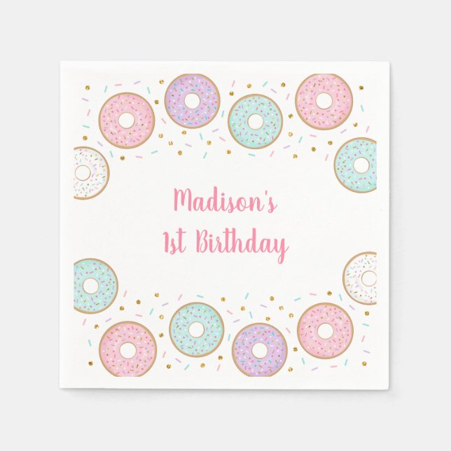 Donut Pink Gold Pastel Birthday Napkins (Front)