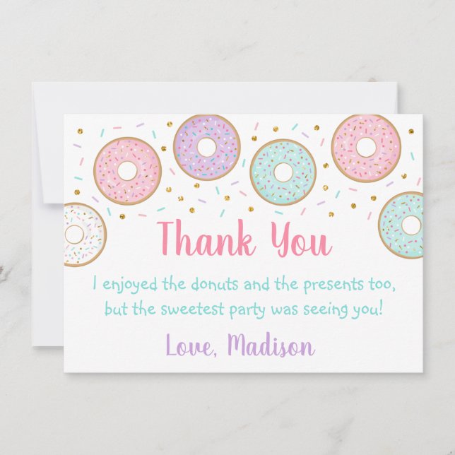 Donut Pink Gold Pastel Birthday Thank You Card (Front)