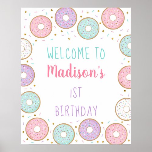Donut Pink Gold Pastel Birthday Welcome Poster