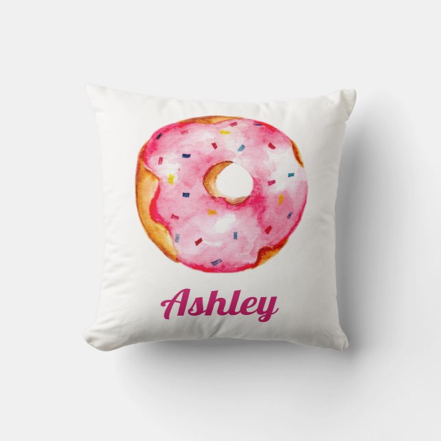 Donut pink rainbow sprinkles custom name cute throw pillow (Front)