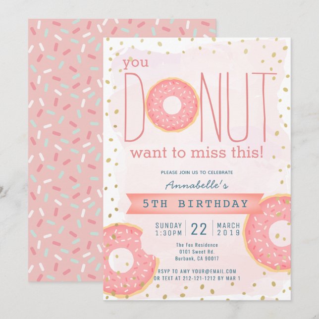 Donut Pink x Gold Girl Birthday Invitation (Front/Back)