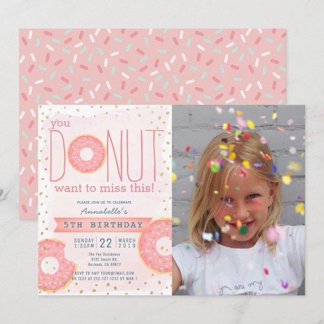 Donut Pink x Gold Photo Girl Birthday Invitation (Front/Back)