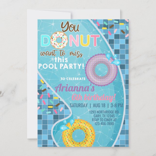 Donut pool girl birthday invitation, pool invite. invitation (Front)