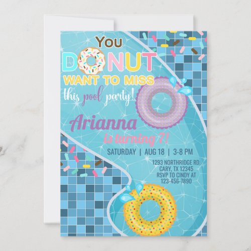 Donut pool girl birthday invitation pool invite invitation