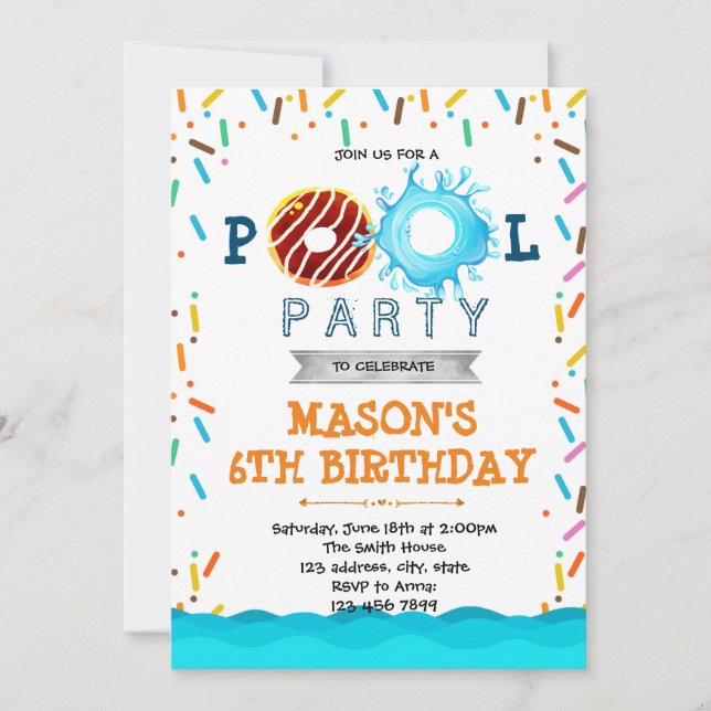 Donut pool party birthday invitation (Front)