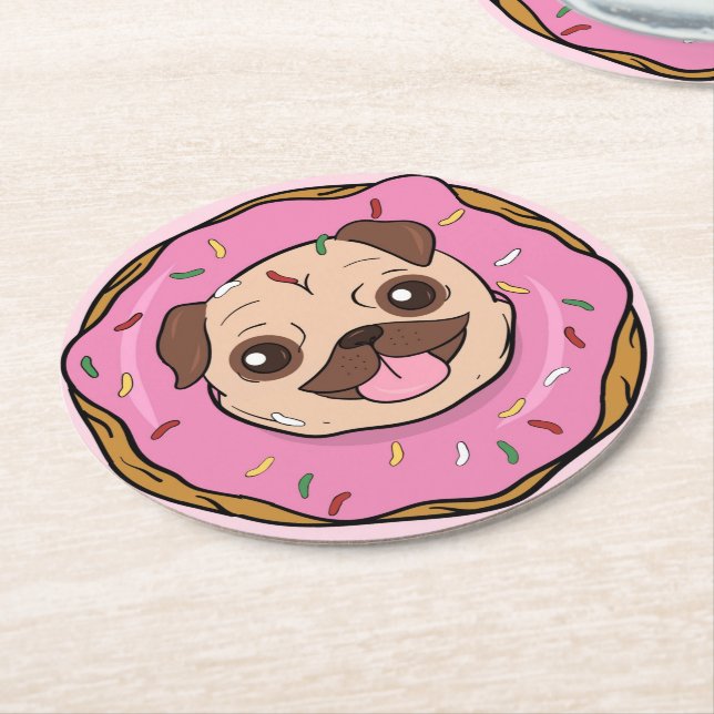 Donut Pug Round Paper Coaster (Angled)