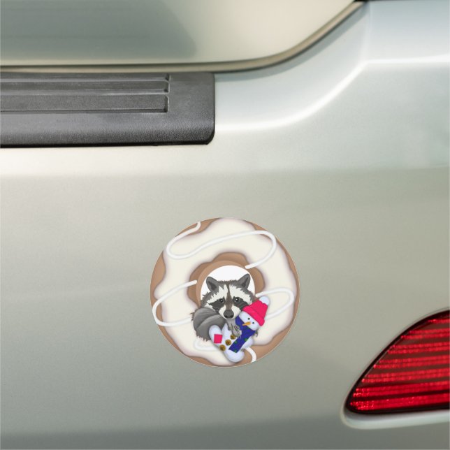 Donut Raccoon with a snowman Christmas desig Car Magnet (In Situ)