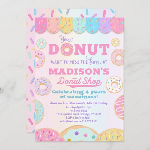 Donut Shop Rainbow Girls Donut Birthday Party Invitation