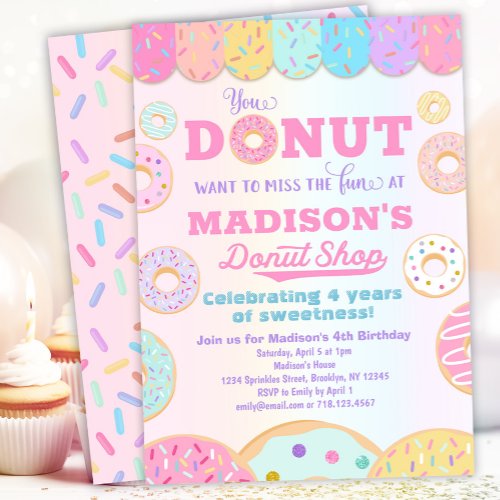 Donut Shop Rainbow Girls Donut Birthday Party Invitation
