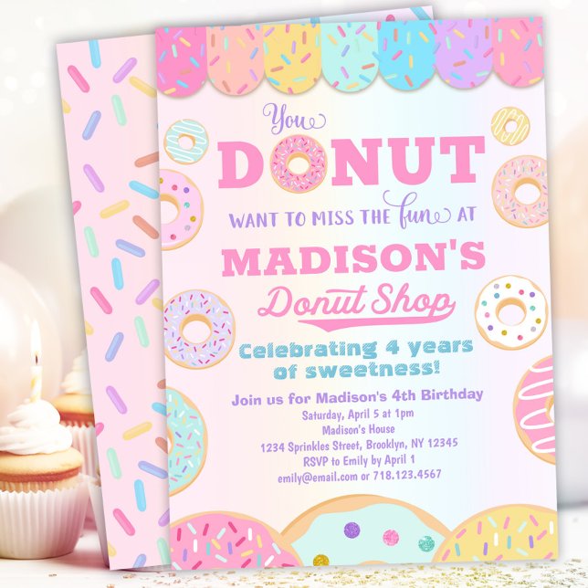 Donut Shop Rainbow Girls Donut Birthday Party Invitation (Creator Uploaded)