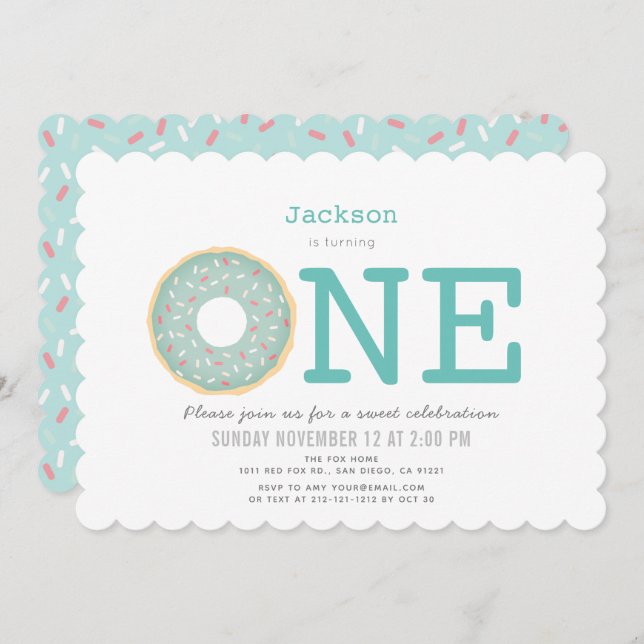 Donut Simple Mint Green Boy 1st Birthday Invitation (Front/Back)