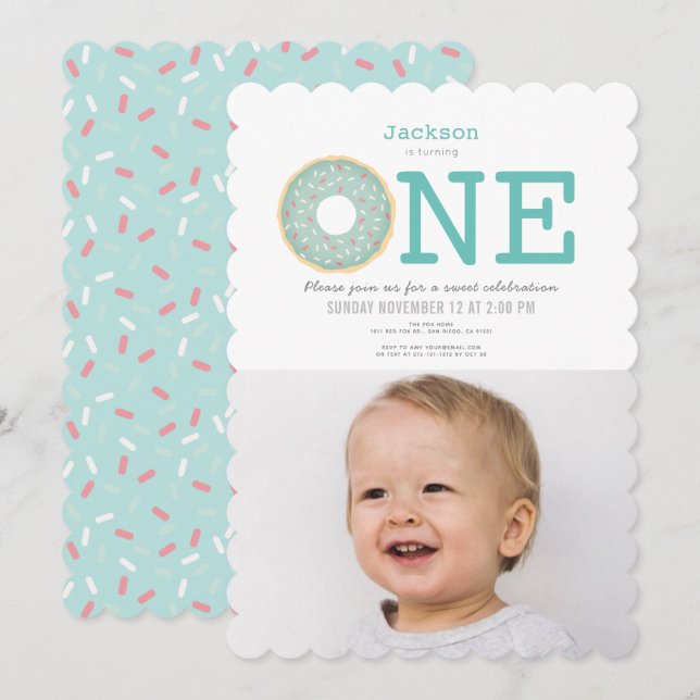 Donut Simple Mint Green Boy Photo 1st Birthday Invitation (Front/Back)