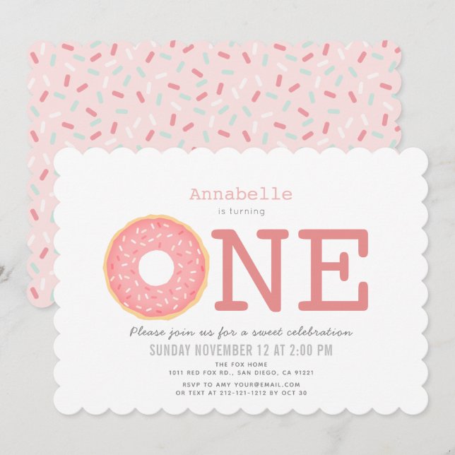 Donut Simple Pink Girl 1st Birthday Invitation (Front/Back)