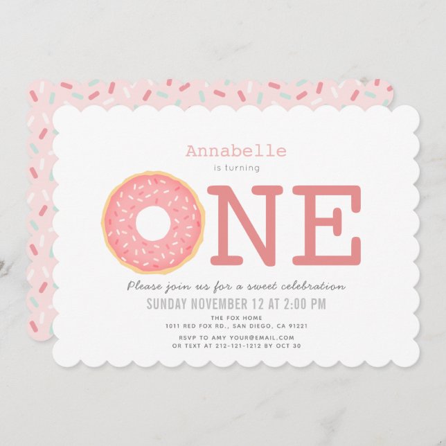 Donut Simple Pink Girl 1st Birthday Invitation (Front/Back)