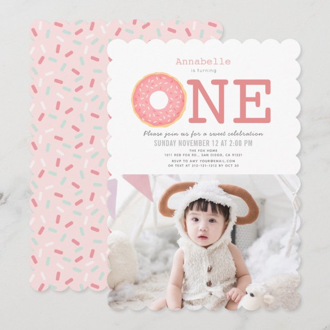 Donut Simple Pink Girl Photo 1st Birthday Invitation (Front/Back)