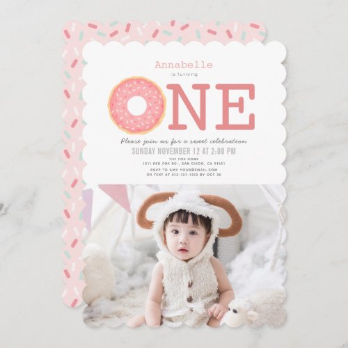 Donut Simple Pink Girl Photo 1st Birthday Invitation