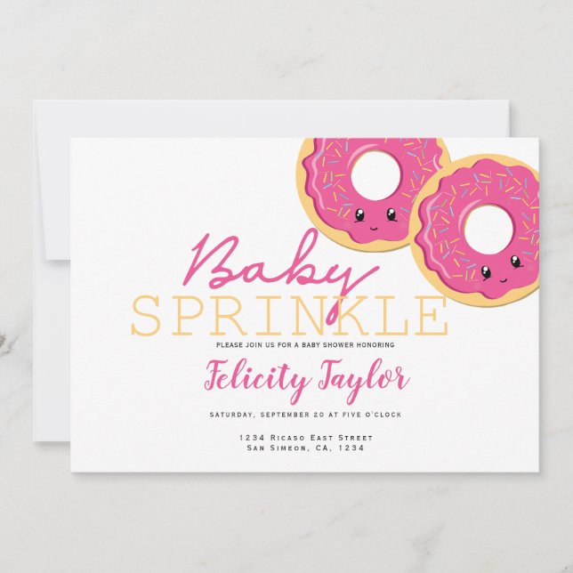Donut Sprinkle Baby Shower Pink Twin Girls Announcement (Front)