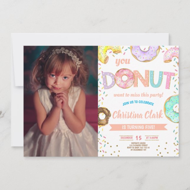 Donut Sprinkle Girl Birthday with Photo Invitation (Front)