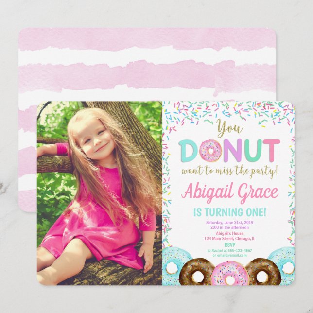 Donut sprinkles birthday party photo invitation (Front/Back)
