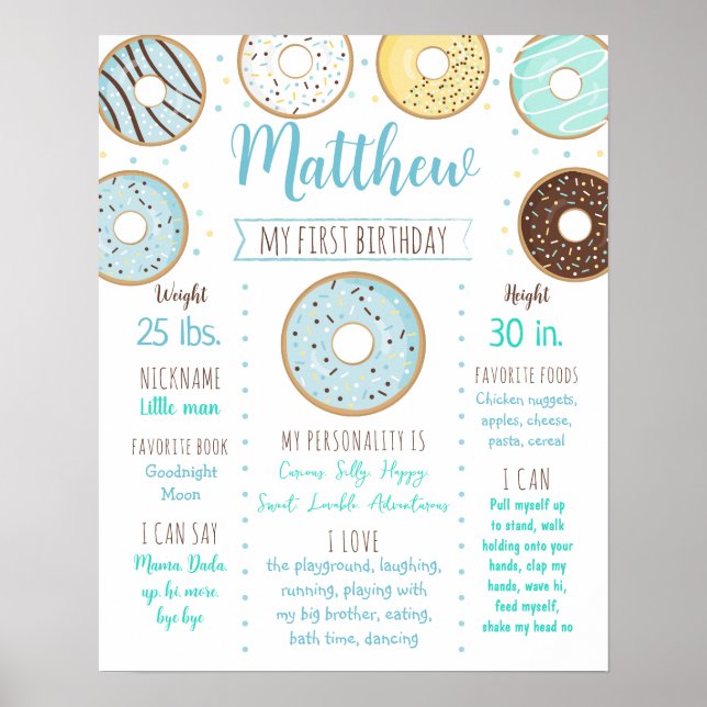 Donut Sprinkles Blue First Birthday Milestone Poster (Front)