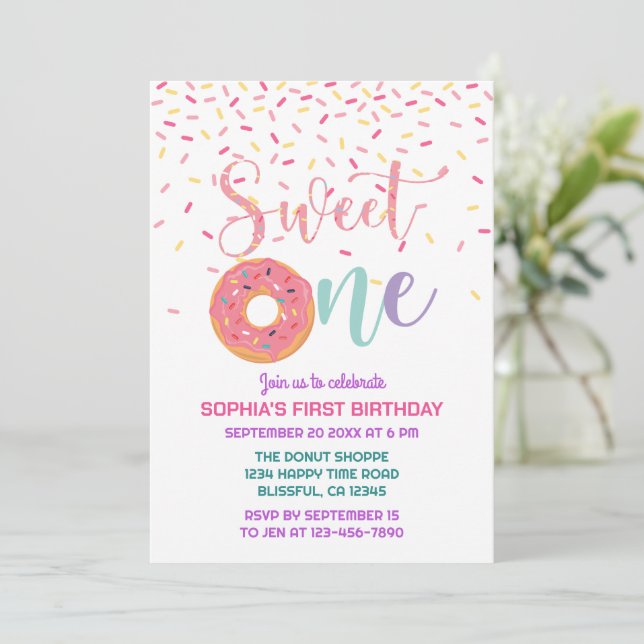 Donut & Sprinkles Sweet One 1st Birthday Invitation (Standing Front)
