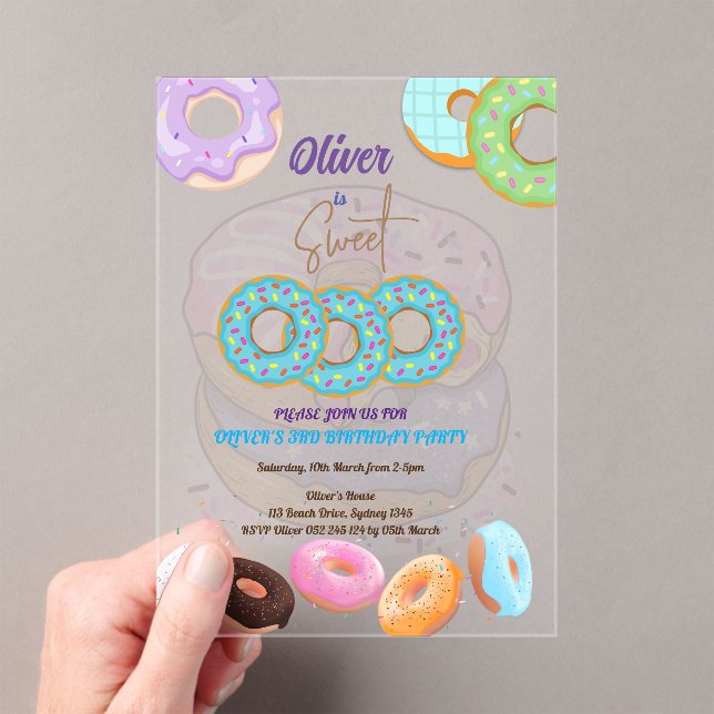 Donut Sweet 3 birthday boy Acrylic Invitations (Insitu (Handheld))