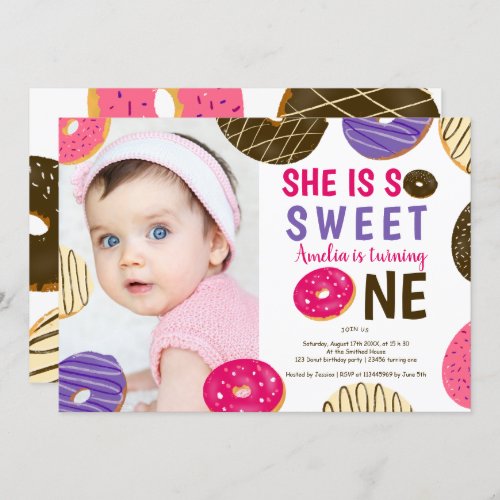 Donut sweet fun cute photo 1st birthday invitation