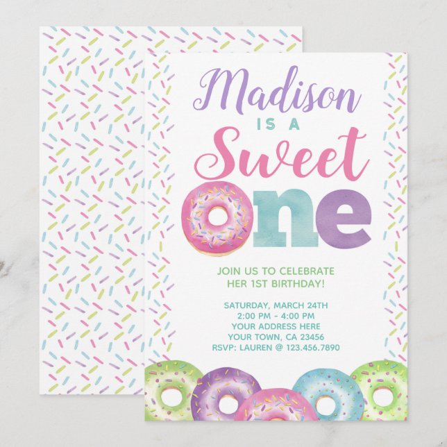 Donut, Sweet One, 1st birthday Invitation (Front/Back)