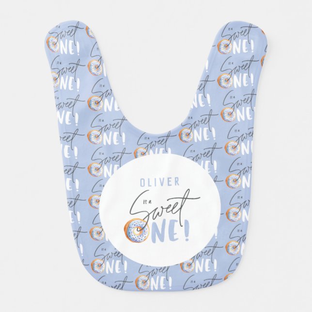 Donut sweet one 1st birthday party attire baby bib (Front)