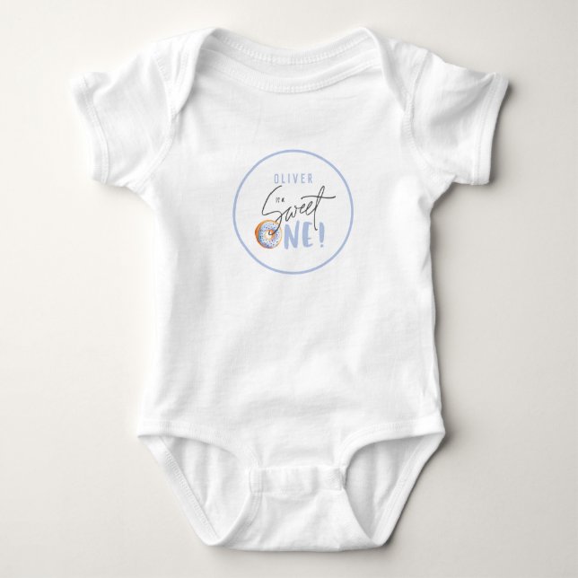 Donut sweet one 1st birthday party attire   baby bodysuit (Front)