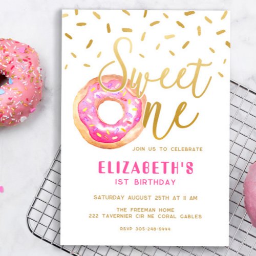 Donut Sweet One 1st Birthday Party Pink and Gold  Invitation