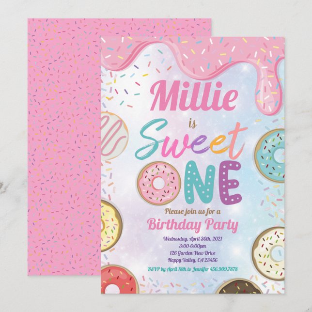 Donut Sweet One 1st Birthday Party Pink Pastel Inv Invitation (Front/Back)