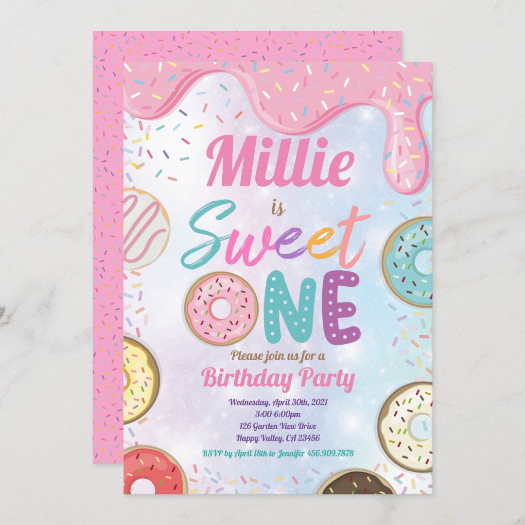 Donut Sweet One 1st Birthday Party Pink Pastel Inv Invitation | Zazzle