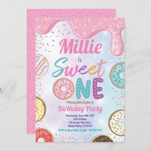 Donut Sweet One 1st Birthday Party Pink Pastel Inv Invitation