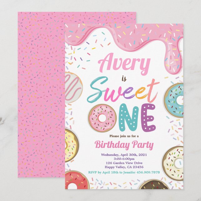 Donut Sweet One 1st Birthday Party Pink Pastel Invitation (Front/Back)