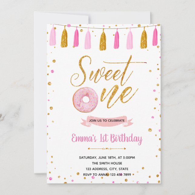 Donut sweet one birthday invitation (Front)