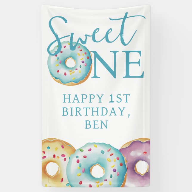 Donut Sweet One Blue 1st Birthday Party Banner (Vertical)