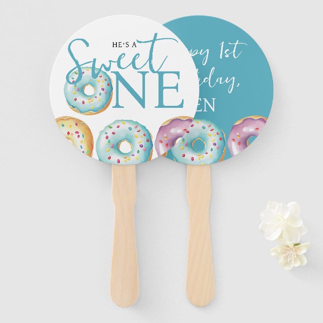 Donut Sweet One Blue 1st Birthday Party Hand Fan (Front and Back)