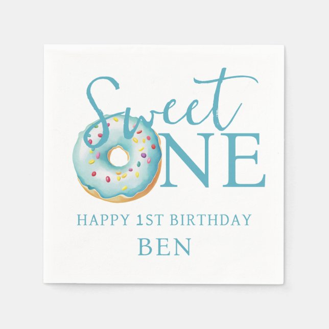 Donut Sweet One Blue 1st Birthday Party  Napkins (Front)