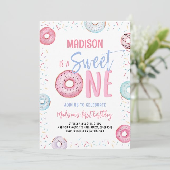 Donut Sweet One Pastel Pink Girl First Birthday    Invitation (Standing Front)