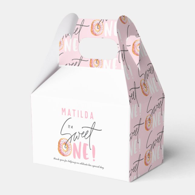 Donut sweet one pink 1st birthday party favor boxes (Front Side)