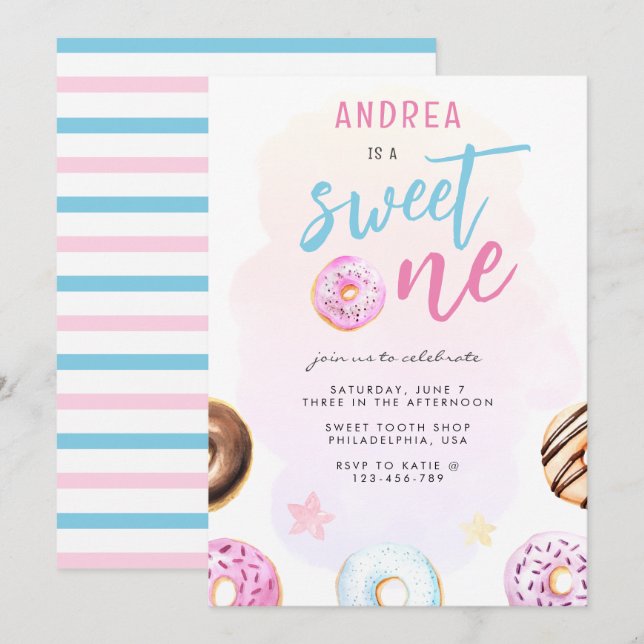 Donut Sweet One Pink and Blue Girl First Birthday  Invitation (Front/Back)