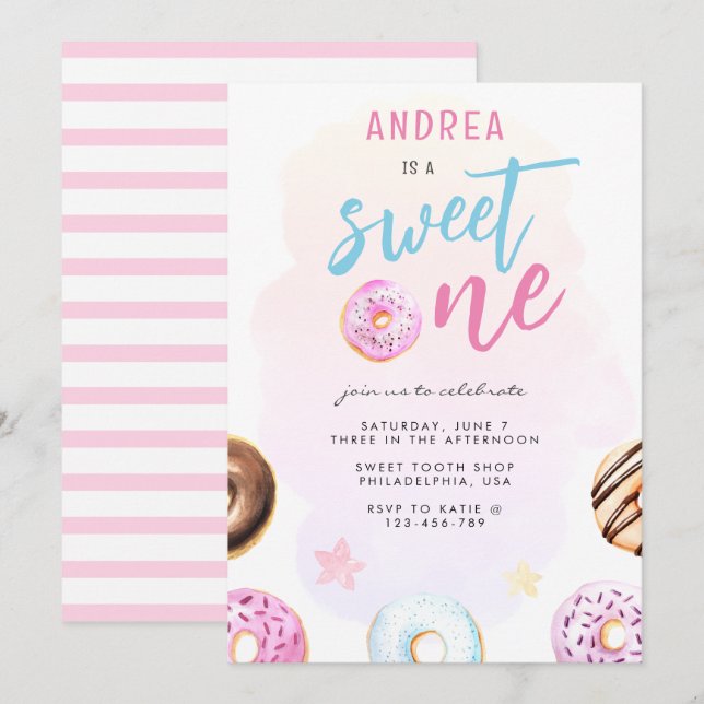 Donut Sweet One Pink and Blue Girl First Birthday Invitation (Front/Back)