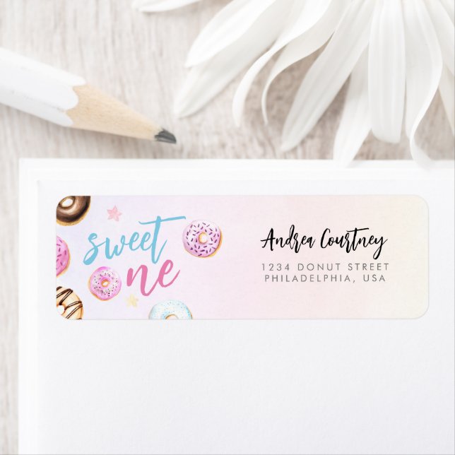 Donut Sweet One Pink and Blue Girl First Birthday Label (Insitu)