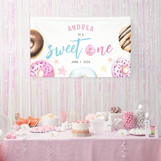 Donut Sweet One Pink and Blue Girls First Birthday Banner (Party)
