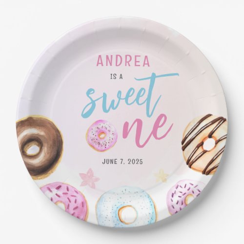 Donut Sweet One Pink and Blue Girls First Birthday Paper Plates