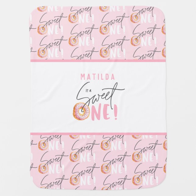 Donut sweet one pink girly modern script baby blanket (Front)