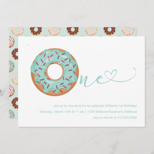 Donut Teal Blue  Sprinkles 1st Birthday Invitation